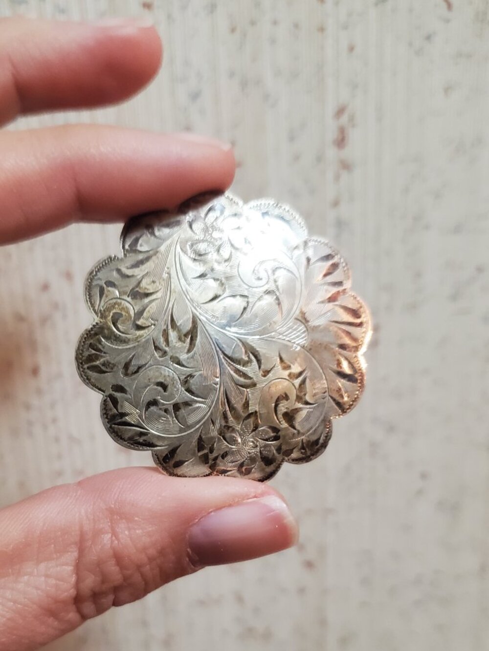vintage sterling silver hand-engraved floral brooch scalloped edge